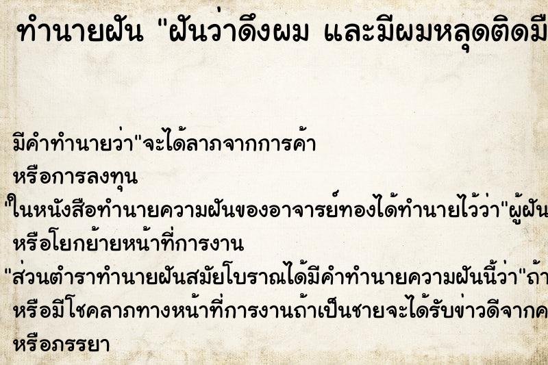 ทำนายฝัน ฝันว่าดึงผม และมีผมหลุดติดมือเป็นกระจุก ทำนายฝัน ฝันว่าดึงผม และมีผมหลุดติดมือเป็นกระจุก